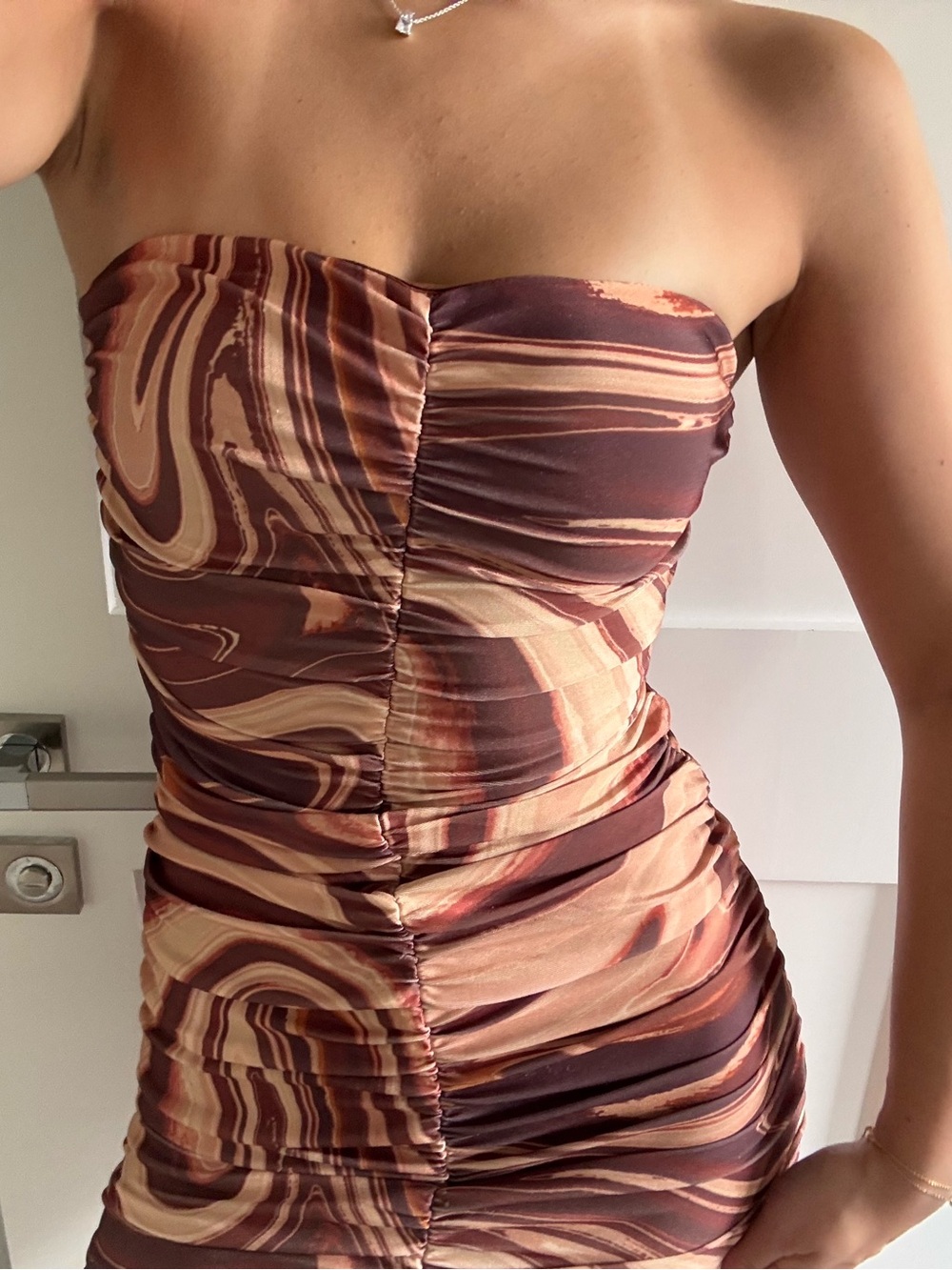 Tiger Mist Strapless Marble-Print Bodycon Dress in Brown & Cream